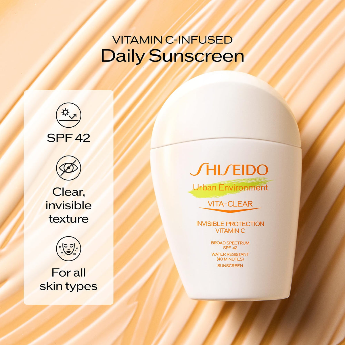 Shiseido applying sunscreen to face and neck, illustrating seamless layering under makeup