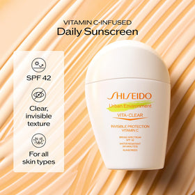 Shiseido applying sunscreen to face and neck, illustrating seamless layering under makeup