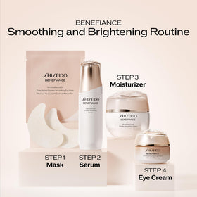 Shiseido Benefiance box beside a ruler showing 12 sets scale and travel-friendly benefit
