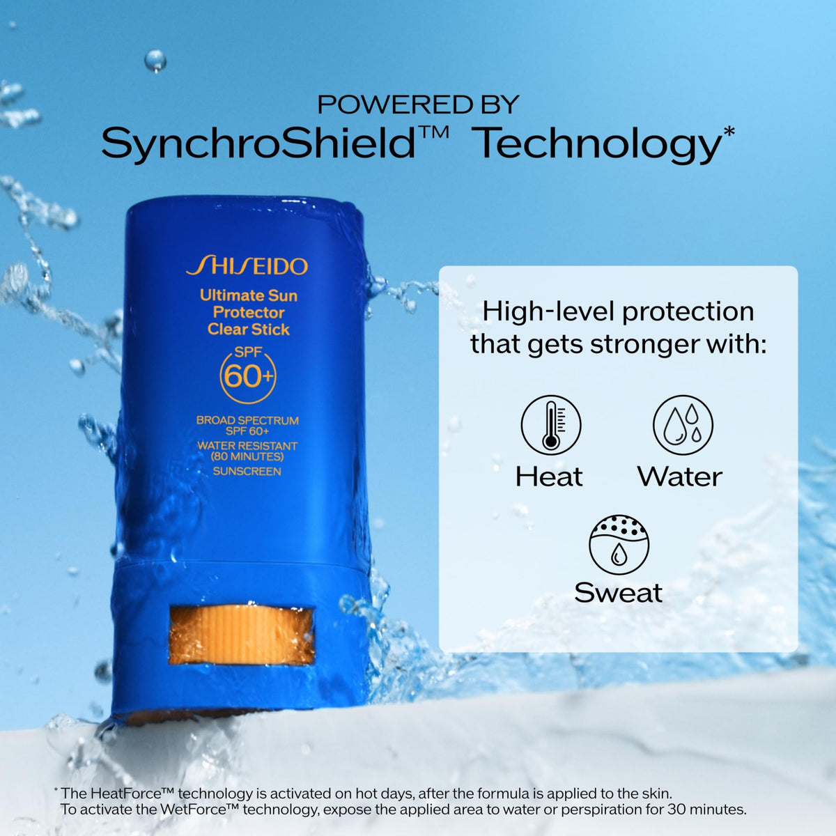 Shiseido stick in a beach scene demonstrating sweat and water-resistant use
