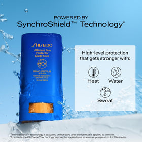 Shiseido stick in a beach scene demonstrating sweat and water-resistant use