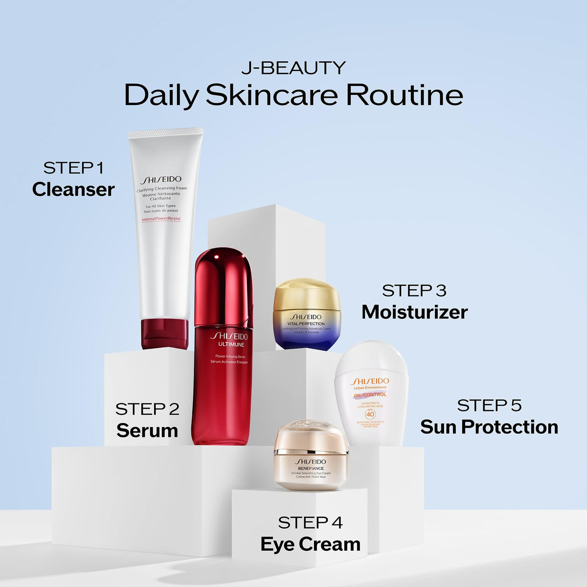 Shiseido sunscreen on bathroom counter as part of morning routine setup
