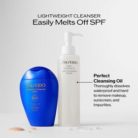 Shiseido bottle on bathroom vanity with towel, integrates into skincare routine for convenience