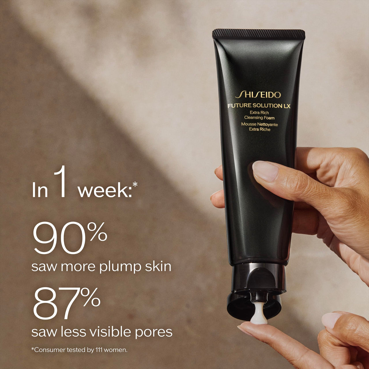 Shiseido dispensing foam on hand illustrating rich lather and gentleness