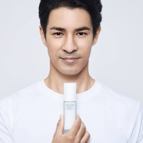 Shiseido men lifestyle bathroom vanity with bottle conveying everyday grooming convenience benefit