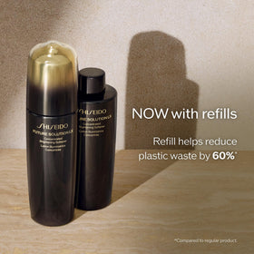 Shiseido bottle on bathroom shelf lifestyle scene suggesting daily ritual and premium routine benefit