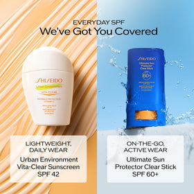 Shiseido sunscreen under foundation showing no white cast, maintaining natural look benefit
