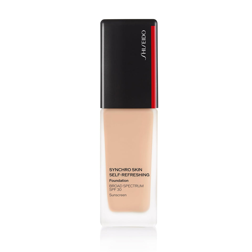 Shiseido bottle front packaging showing clean label and shade Linen 220 benefit long-wear