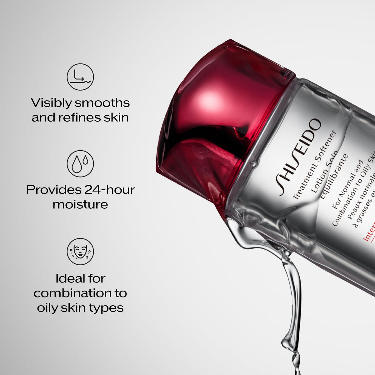Shiseido softener on a cotton pad demonstrating gentle application advantage