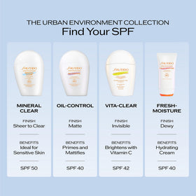 Shiseido used outdoors in city setting showing pollution protection