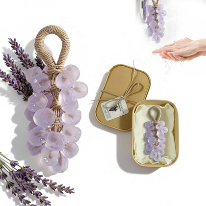 SHLLON grape soap front packaging shows decorative grape cluster and lavender scent benefit