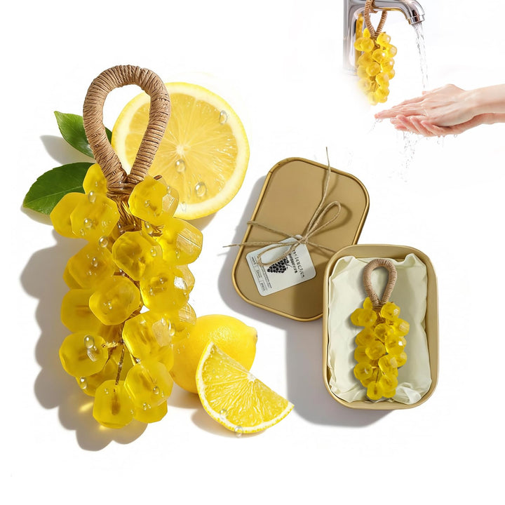 SHLLON grape soap front packaging showing decorative hanging and lemon scent benefit