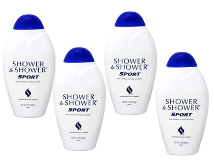 Shower To Shower front packaging showing four 13-ounce bottles for long-lasting supply