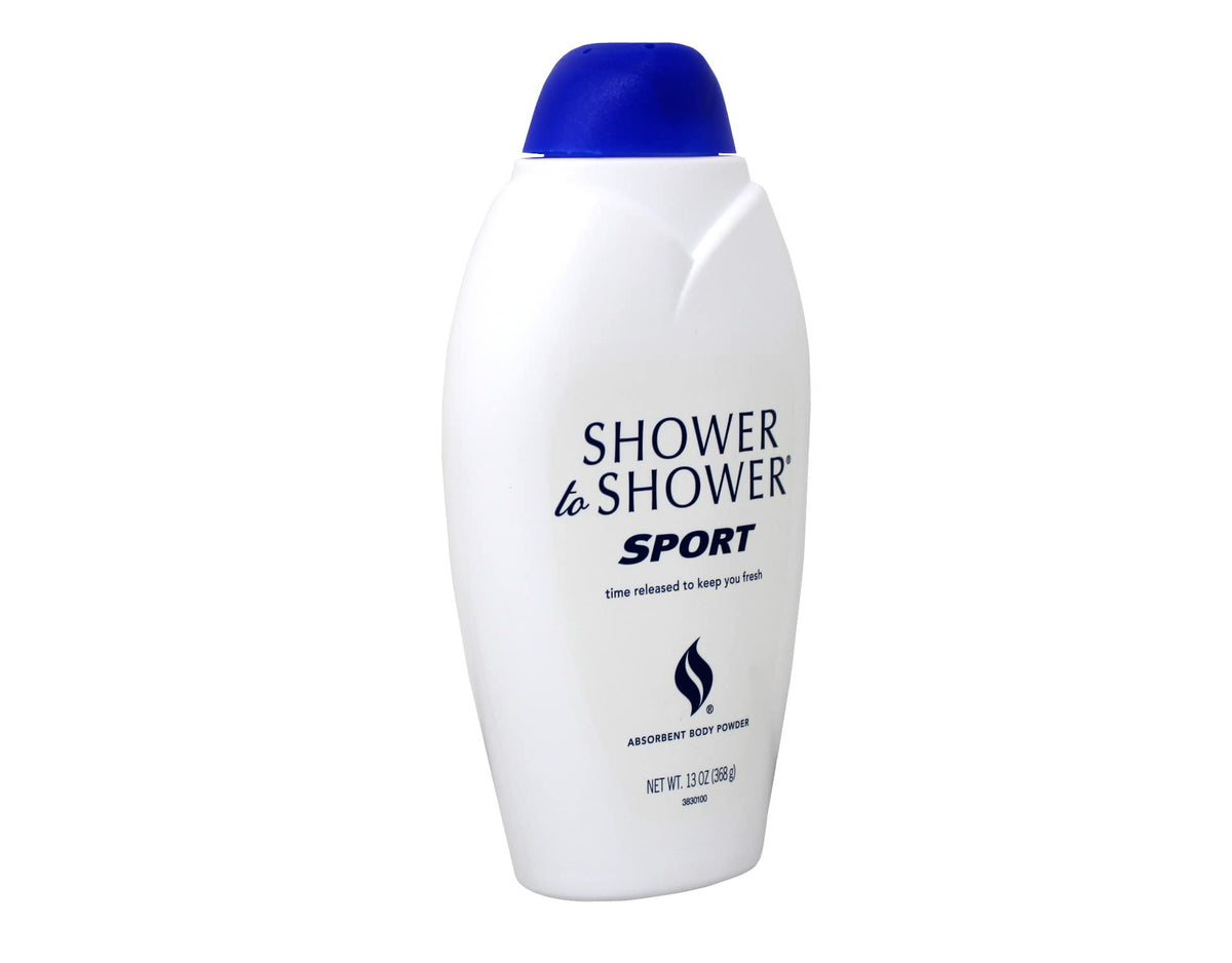 Shower To Shower label detail showing sport scent and usage benefits clearly