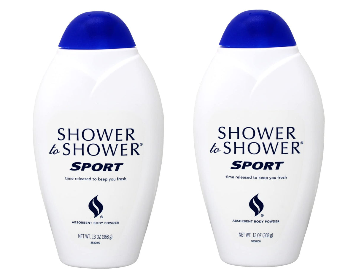 Shower to Shower sport front packaging showing two 13-ounce bottles for long-lasting freshness