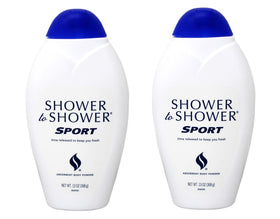 Shower to Shower sport front packaging showing two 13-ounce bottles for long-lasting freshness