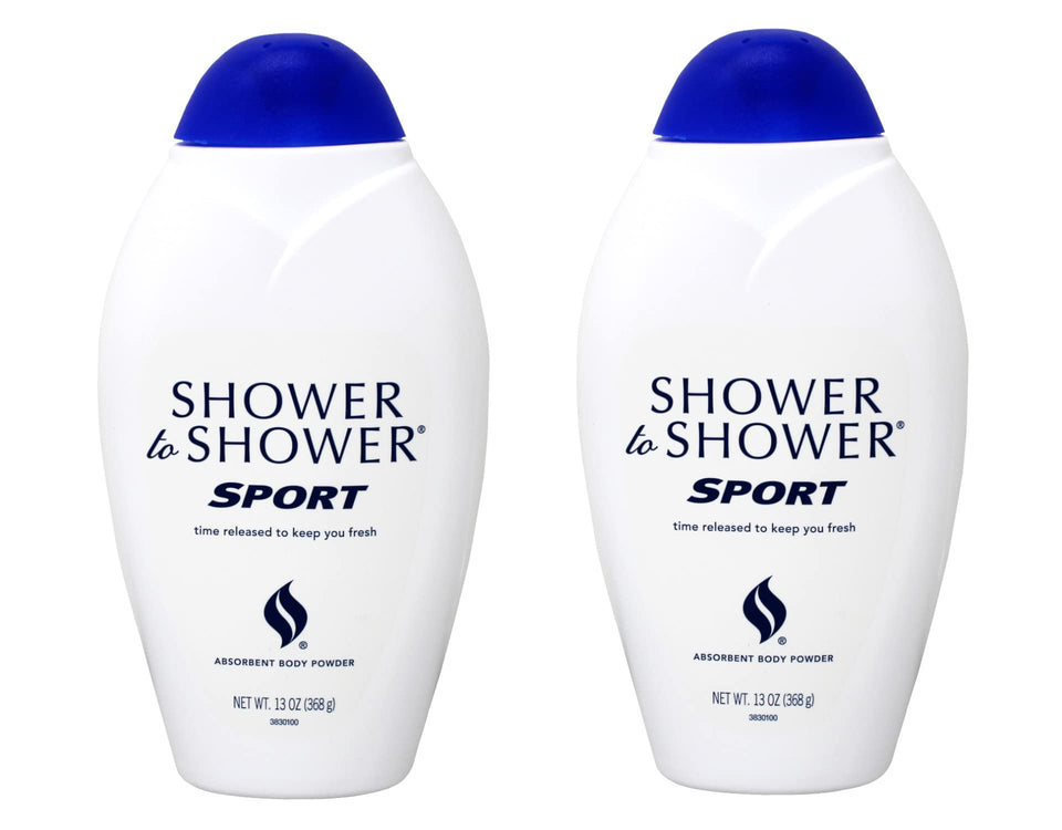 Shower to Shower sport front packaging showing two 13-ounce bottles for long-lasting freshness