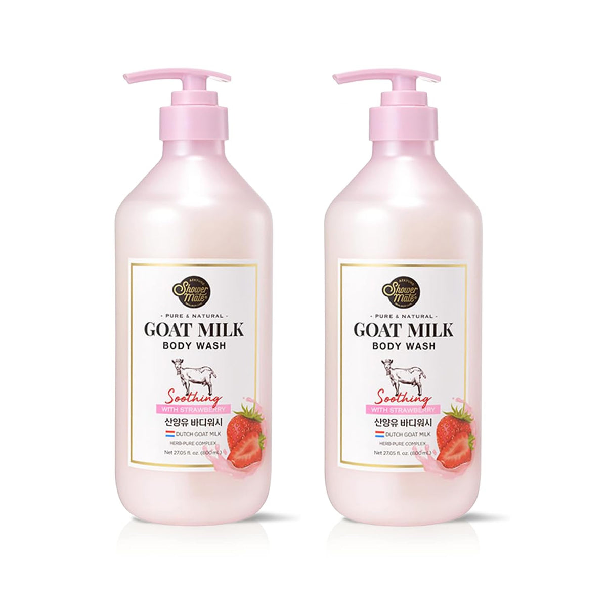 SHOWERMATE front packaging showing strawberry scent and two 27 fl oz bottles benefits hydration