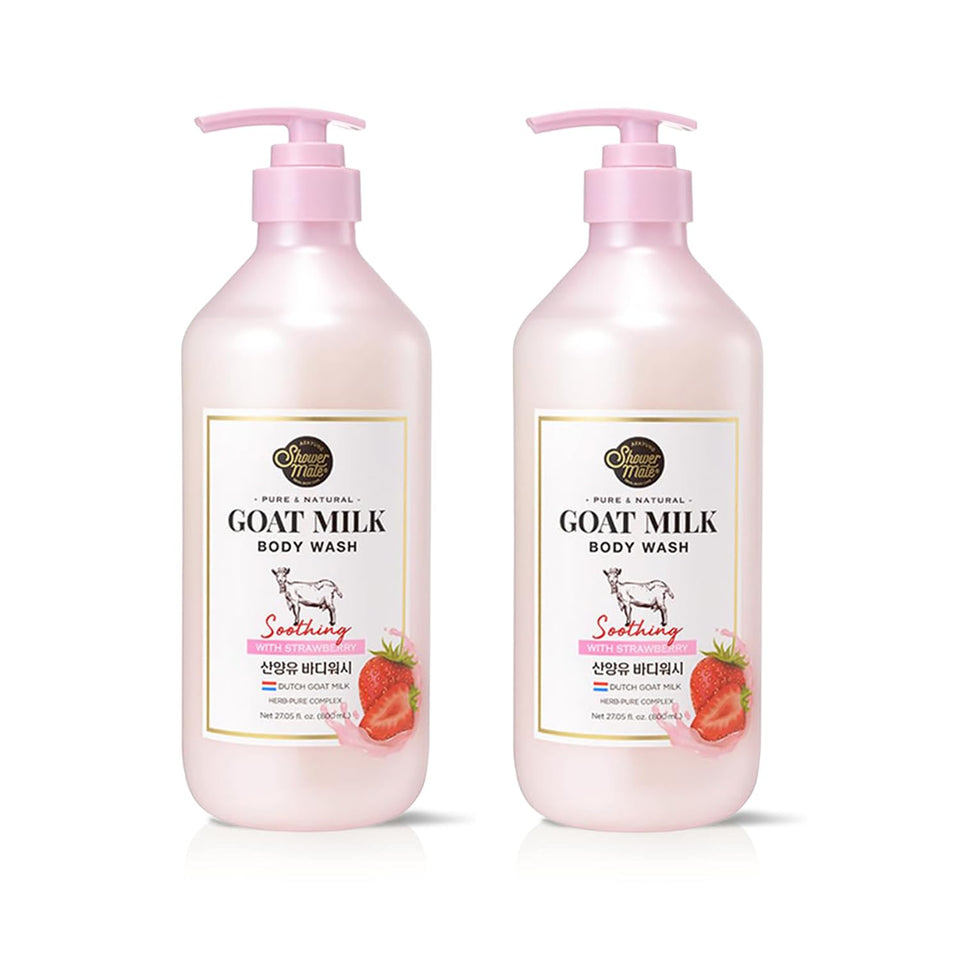 SHOWERMATE front packaging showing strawberry scent and two 27 fl oz bottles benefits hydration