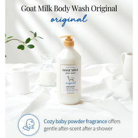 SHOWERMATE label close-up highlighting goat milk sourcing and quality management info