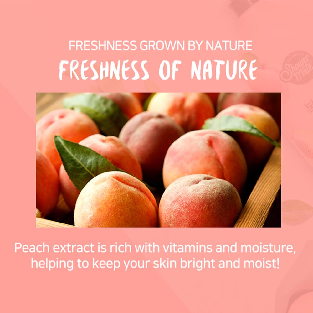 SHOWERMATE peach gel texture close-up showing smooth lather for hydrated skin
