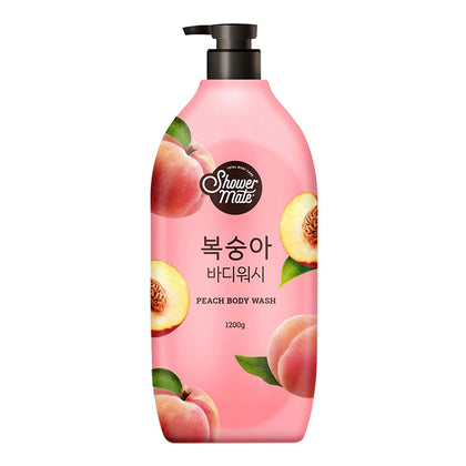 SHOWERMATE peach front packaging showing large family-size bottle and peach scent benefit
