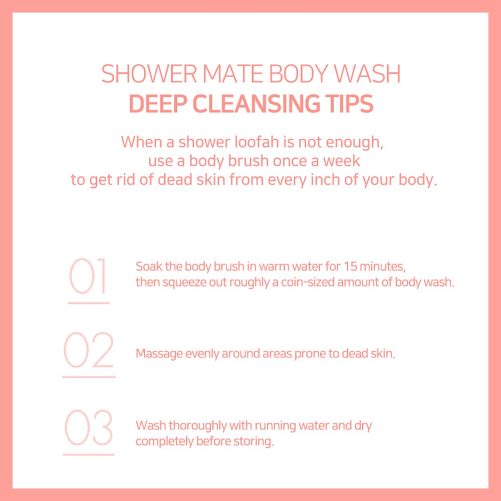 SHOWERMATE peach bottle on shower shelf illustrating easy access and daily freshness