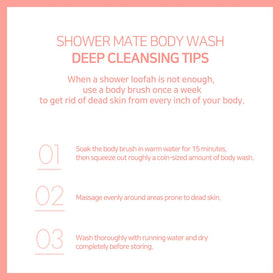 SHOWERMATE peach bottle on shower shelf illustrating easy access and daily freshness