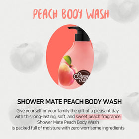 SHOWERMATE peach label detail highlighting ingredient claims and natural scent benefit