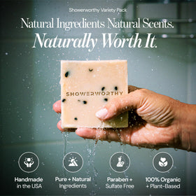 Showerworthy soap bar close-up texture displaying creamy, glycerin-rich surface