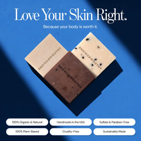 Showerworthy Dead Sea Salt & Myrrh styled in bath scene suggesting calming ritual