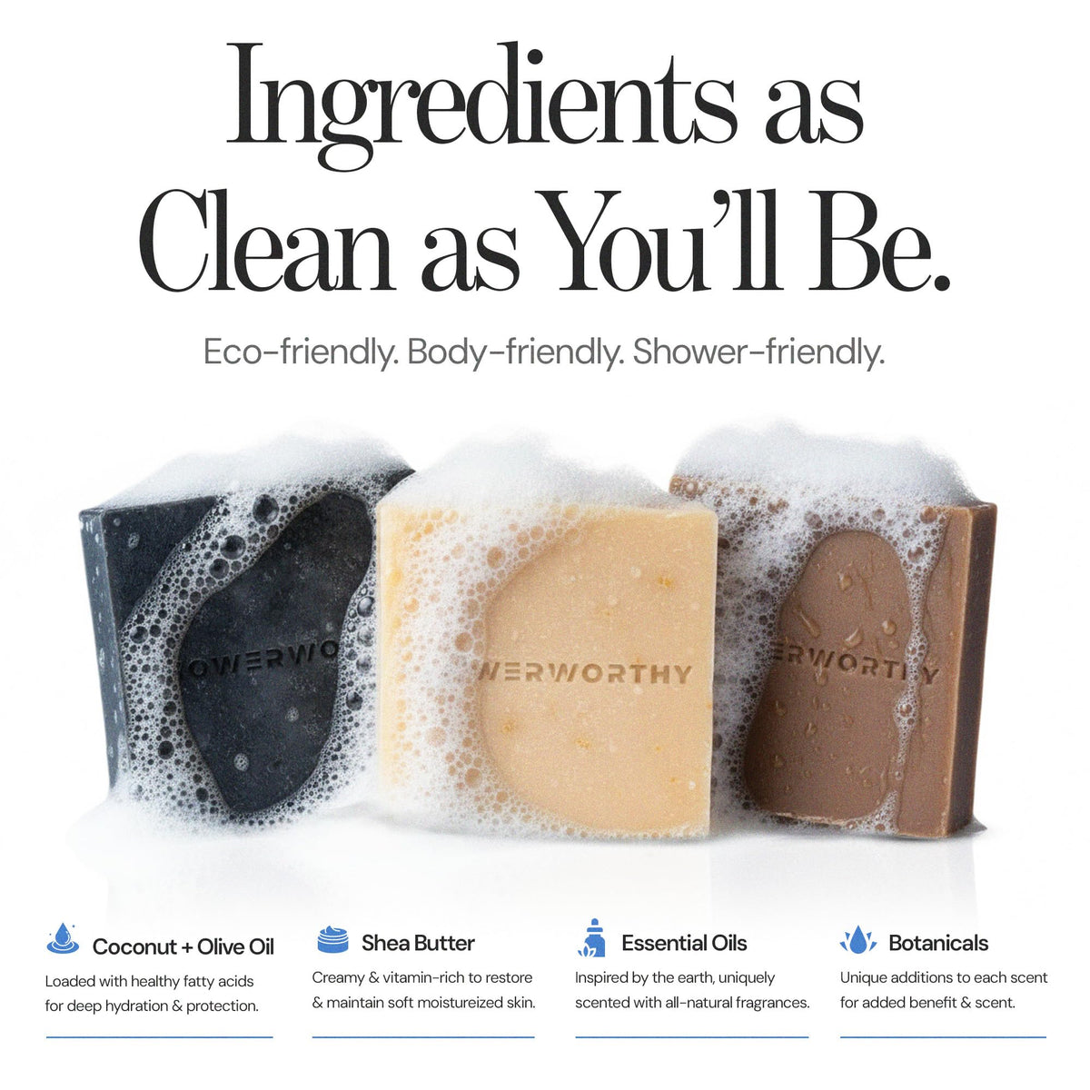 Showerworthy Forest Cedar Tea Tree bar held in hand illustrating gentle feel