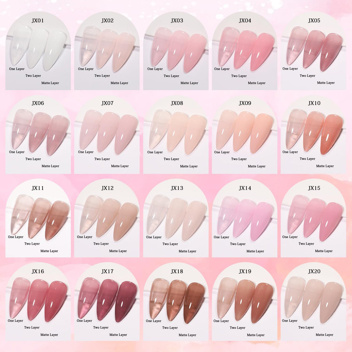 SHOYUM fanned color swatches displaying 20 jelly nude pink shades for choice