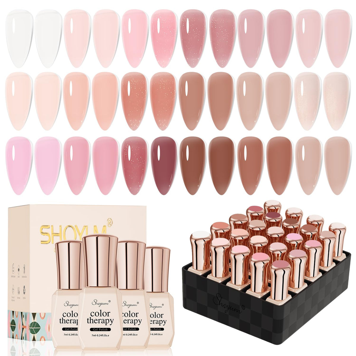 SHOYUM front packaging showing full 24-piece gel polish kit and contents