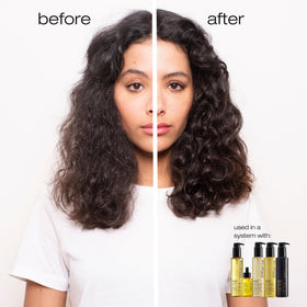 shu uemura art of hair applying cream to damp hair, protects from heat and reduces frizz
