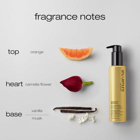 shu uemura art of hair ingredient label close-up featuring Japanese red camellia oil benefit
