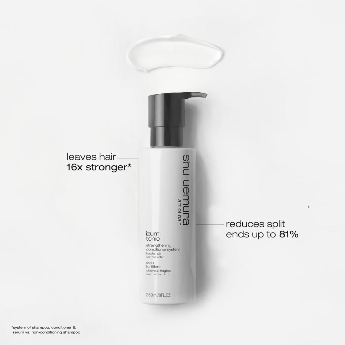 shu uemura closeup of product label highlighting rice water ingredient and formula benefits