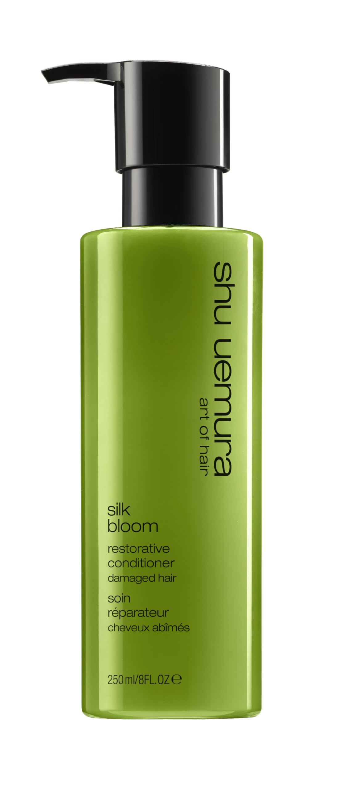 shu uemura art of hair Silk Bloom front packaging shows bottle and benefits