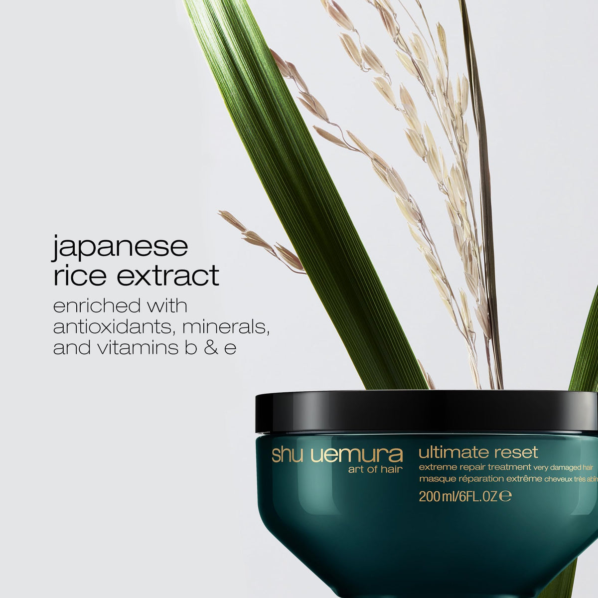 shu uemura art of hair label close-up highlighting rice extract and ingredient transparency benefit