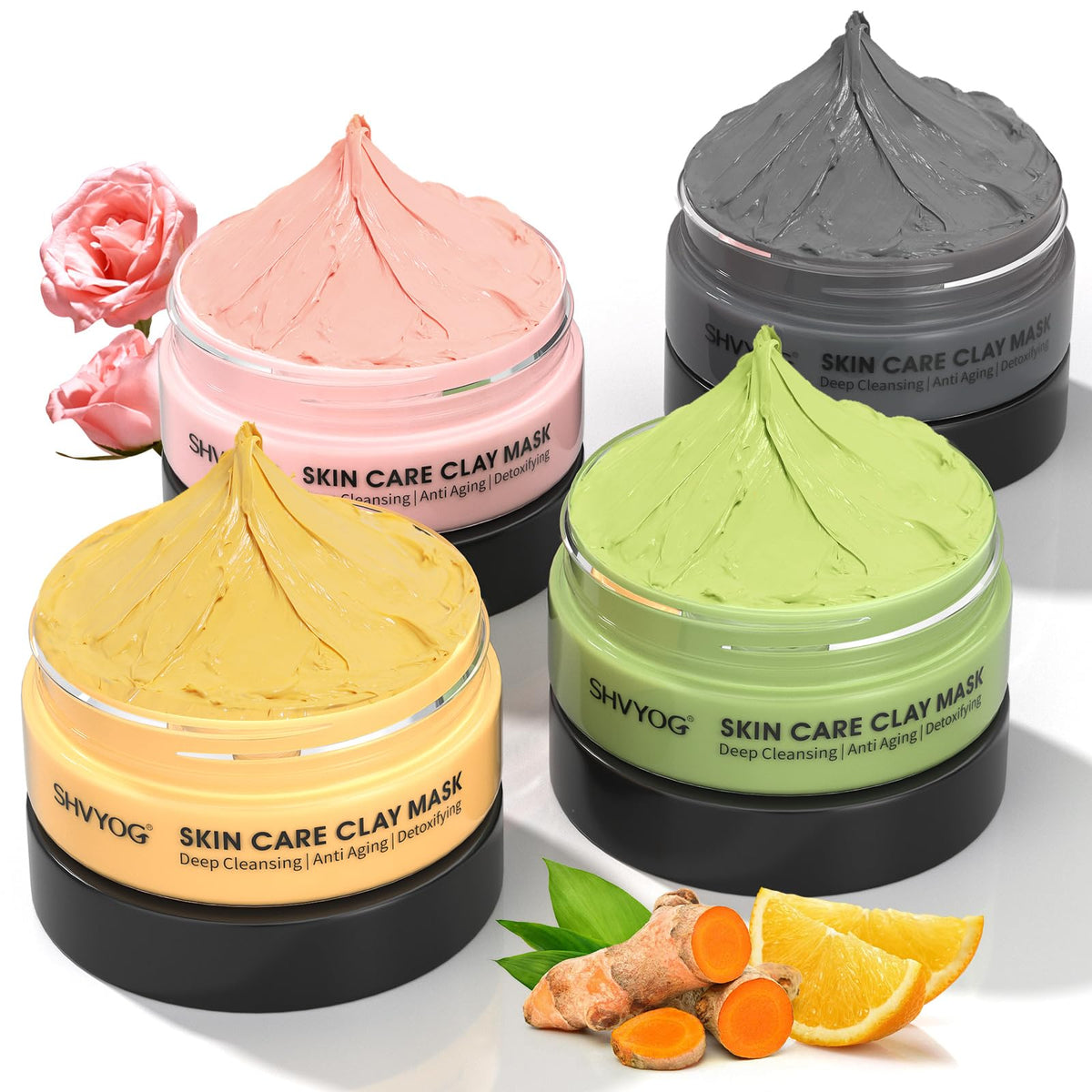SHVYOG front packaging showing four clay masks, ideal gift set
