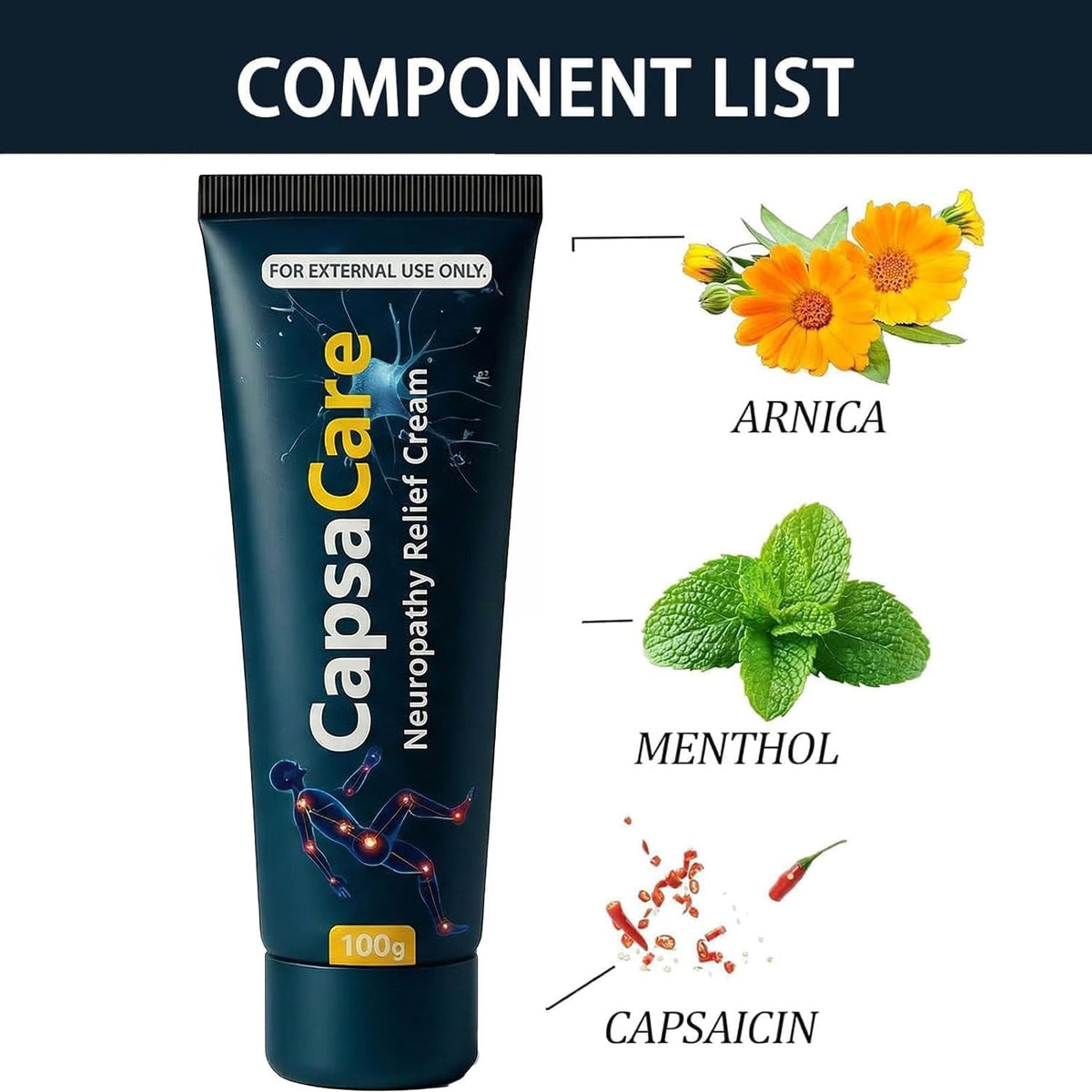 Shwfhi Capsacare ingredients label showing capsaicin, arnica and menthol benefit