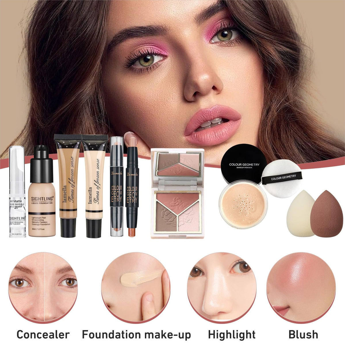 SIGHTLING cosmetic brushes and tools arranged to demonstrate blending and application ease