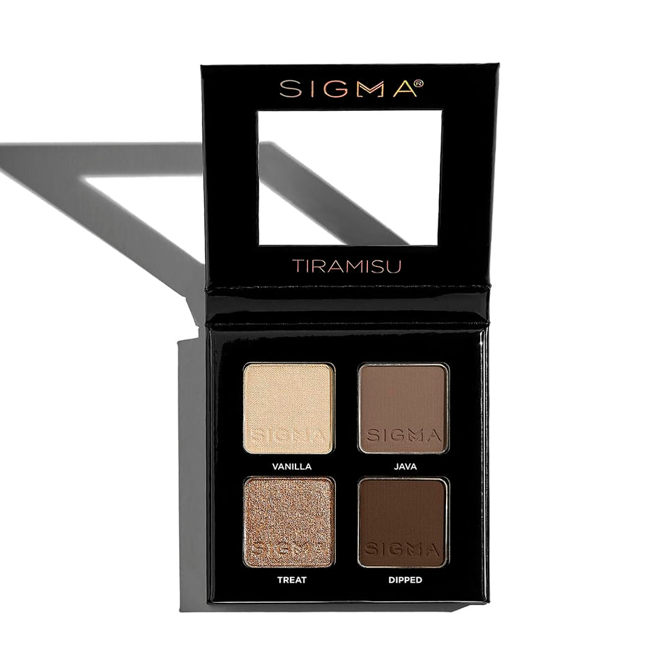 Sigma Beauty Tiramisu quad front packaging showing four curated shades and compact design