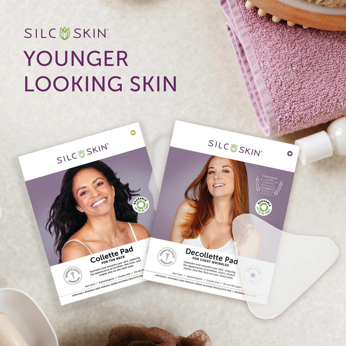 Silc Skin pad on décolletage showing coverage and smoothing benefit