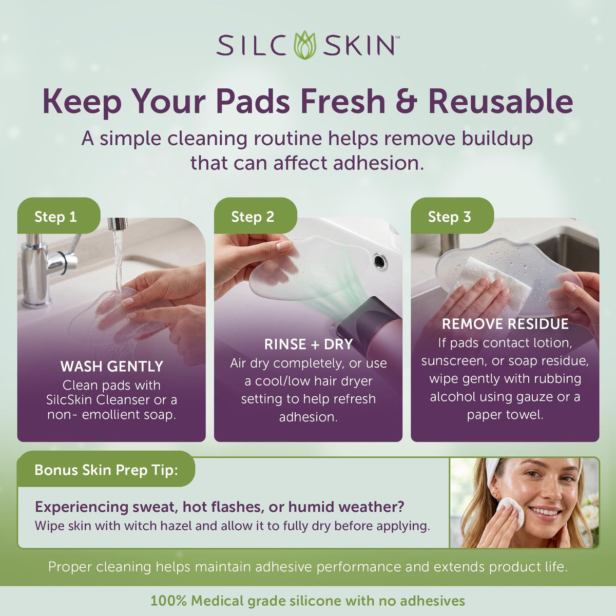 Silc Skin pad beside hand showing size and easy handling benefit