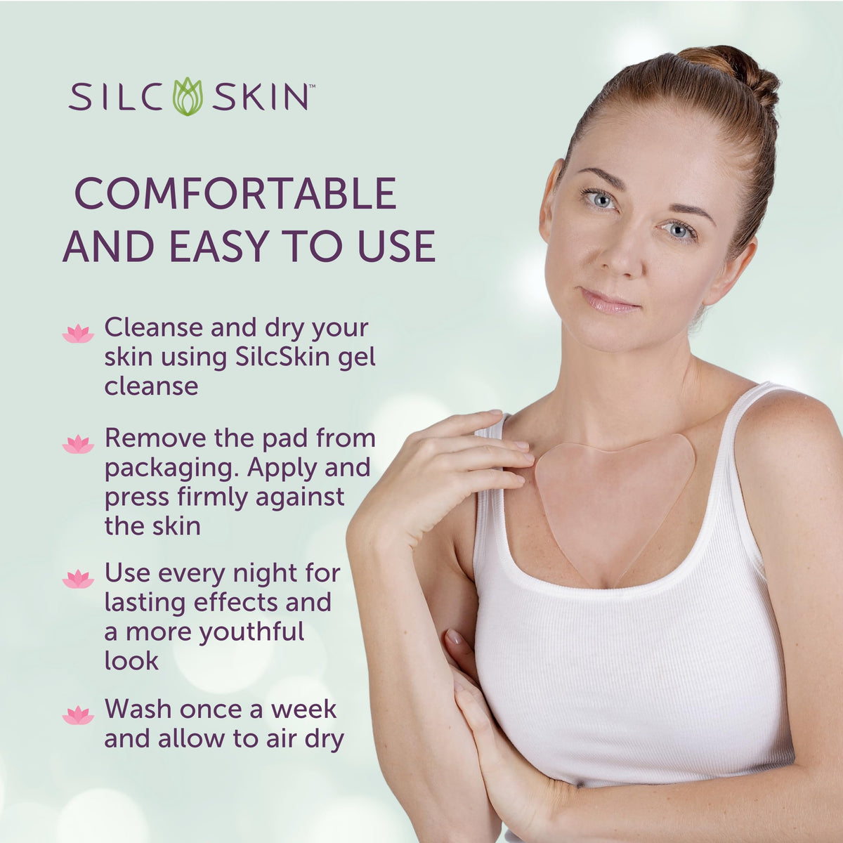 Silc Skin pad worn under nightgown portraying discreet smoothing benefit