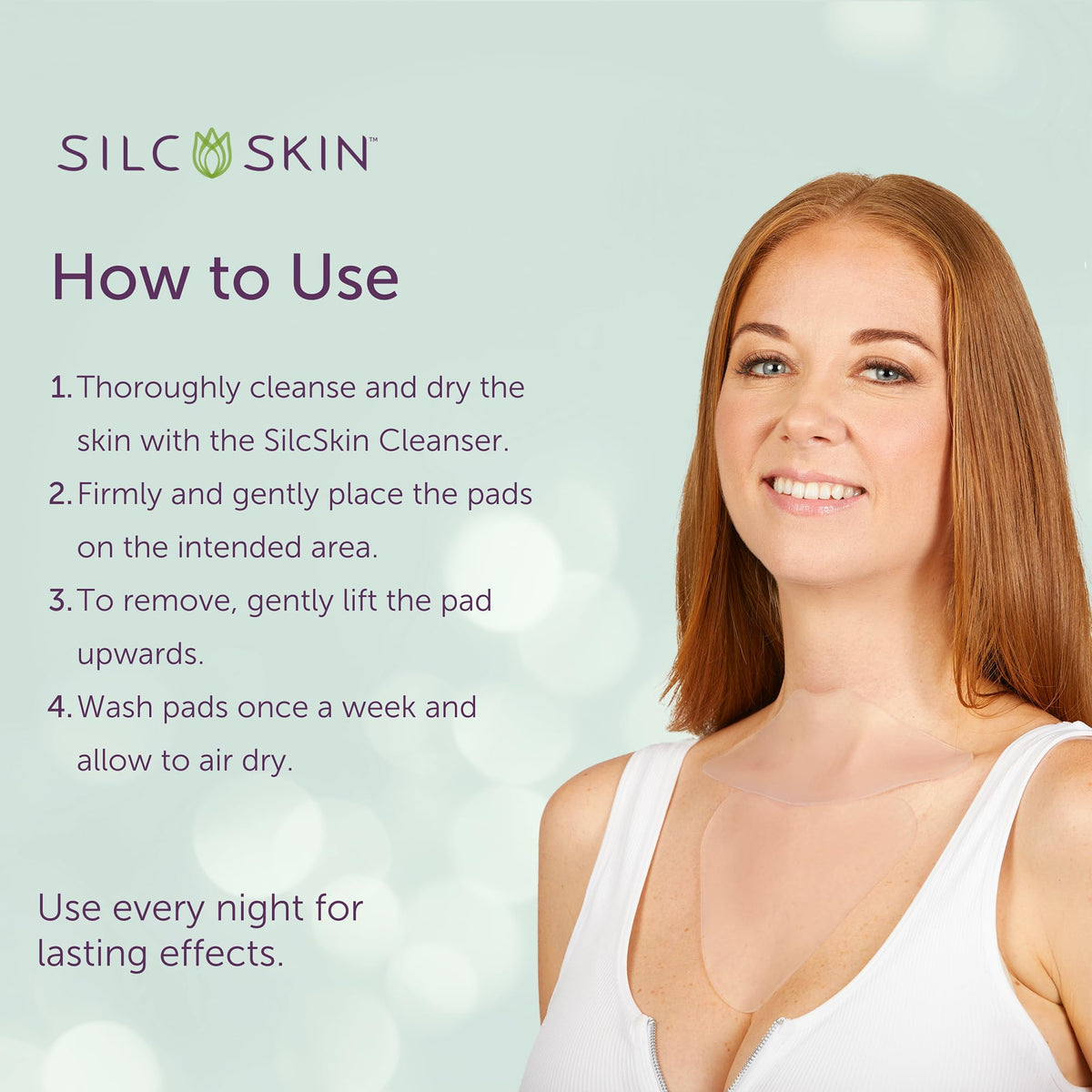 Silc Skin pads worn in bed lifestyle shot conveying overnight use