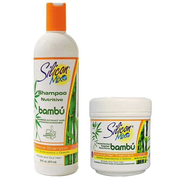 Silicon Mix bamboo shampoo and conditioner front packaging shows bottles and benefits