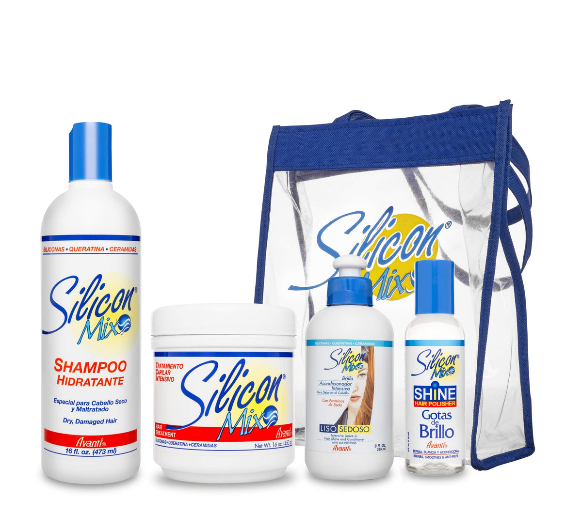 Silicon Mix front packaging of the 4-pack set showing all bottles and free bag for organized care