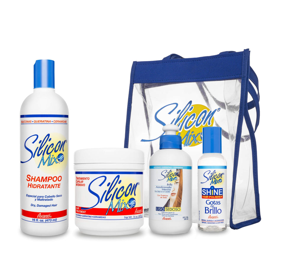 Silicon Mix front packaging of the 4-pack set showing all bottles and free bag for organized care
